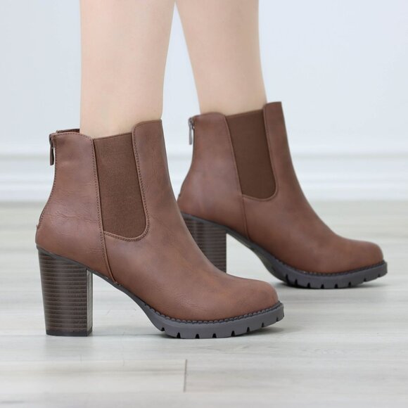 Womens Ankle Boots Lug Block Heel Brown Synthetic Leather Round Toe Elastic Gore - Picture 10 of 11